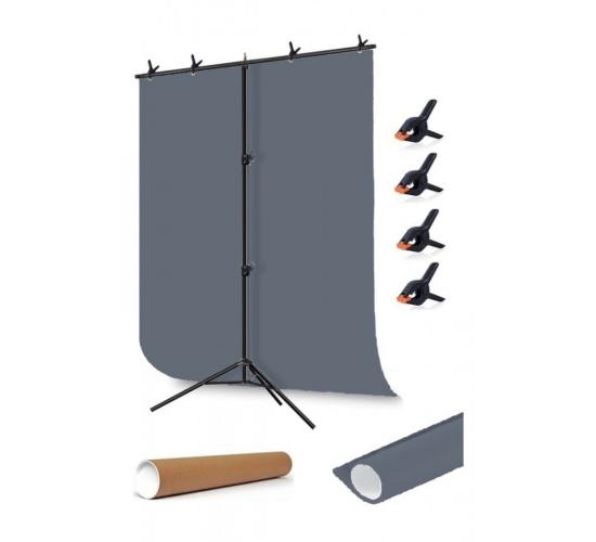 grey Screen gri fon perde (1.5x2m)+ tek Ayaklı Fon Standı+ 4 Fon Mandalı