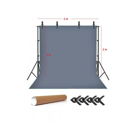 Grey Screen Gri Fon Perde (2x3m) Foto,vesikalık Resim Ve Ürün Çekimi + Fon Standı+ 4 Fon Mandalı