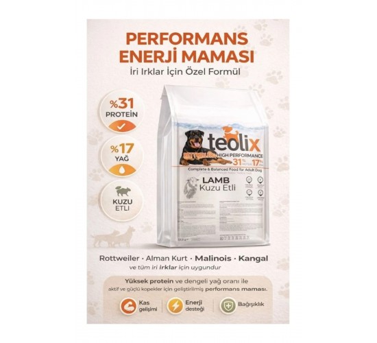 Teolix Kuzu Etli Yetişkin Köpek Maması 31 Protein 17 Yağ 15 Kg 