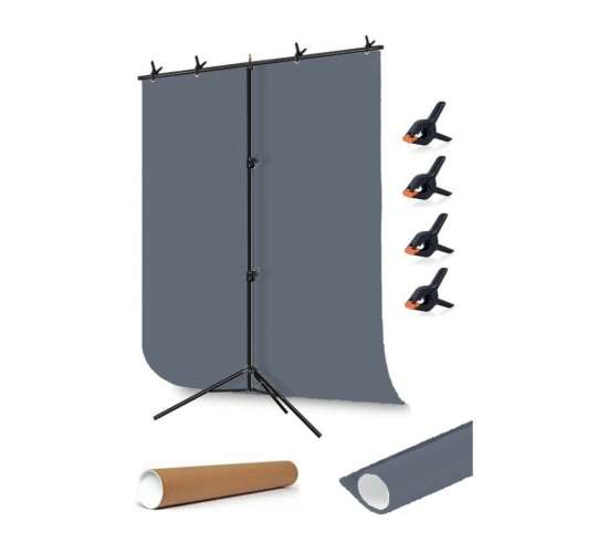 grey Screen gri fon perde (1.5x2m)+ tek Ayaklı Fon Standı+ 4 Fon Mandalı, 1.5x2mgrey