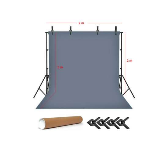 Grey Screen Gri Fon Perde (2x3m) Foto,vesikalık Resim Ve Ürün Çekimi + Fon Standı+ 4 Fon Mandalı, 2x3mgrituplu
