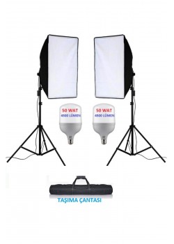 50x70 cm Softbox 2'li Sürekli Işık Seti Youtber Kit Taşıma Çantalı TOPLAM 100 WAT 9000 LÜMEN