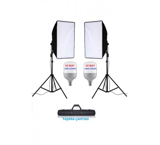 50x70 cm Softbox 2'li Sürekli Işık Seti Youtber Kit Taşıma Çantalı TOPLAM 100 WAT 9000 LÜMEN