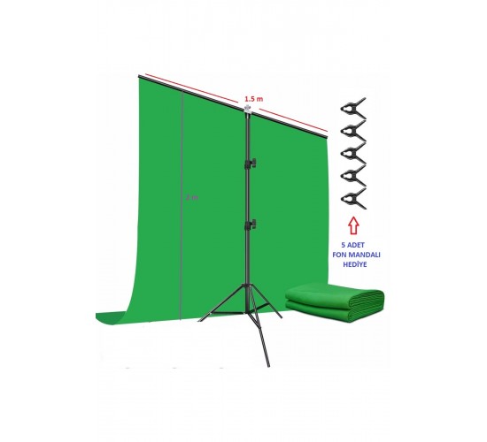 Green Screen Greenbox Yeşil Fon Perde (1.5x2 Metre) + Tek Ayaklı Fon Standı + 3 Mandal