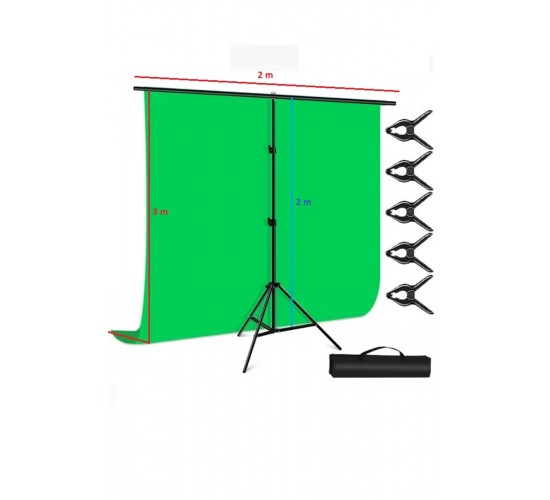 2x3m chromakey, green screen ,greenbox yeşil fon Kiti T Braket Standı + 5 adet Klipsler