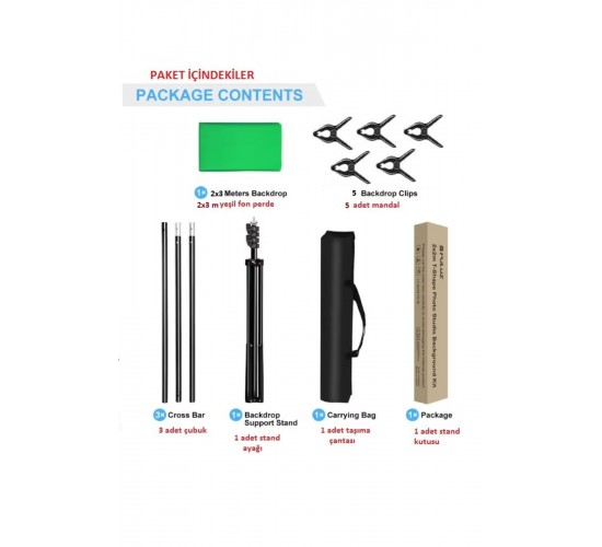2x3m chromakey, green screen ,greenbox yeşil fon Kiti T Braket Standı + 5 adet Klipsler