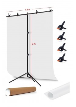 White Screen Beyaz Fon Perde (1.5x2m)+tek Ayaklı Fon Standı+ 4 Fon Mandalı