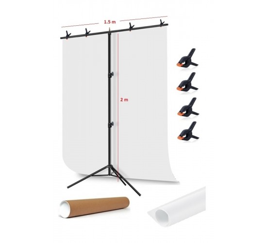 White Screen Beyaz Fon Perde (1.5x2m)+tek Ayaklı Fon Standı+ 4 Fon Mandalı