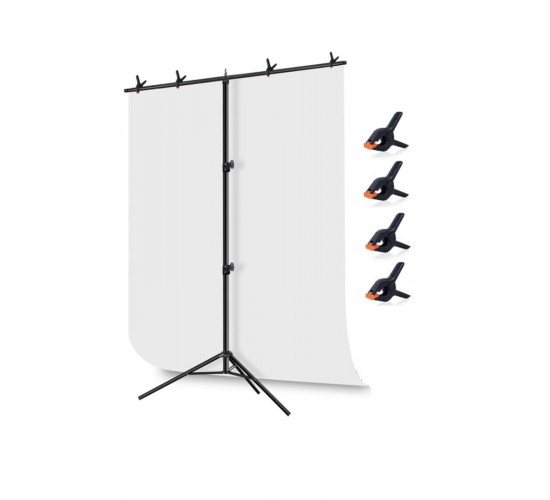White Screen Beyaz Fon Perde (1.5x2m)+tek Ayaklı Fon Standı+ 4 Fon Mandalı
