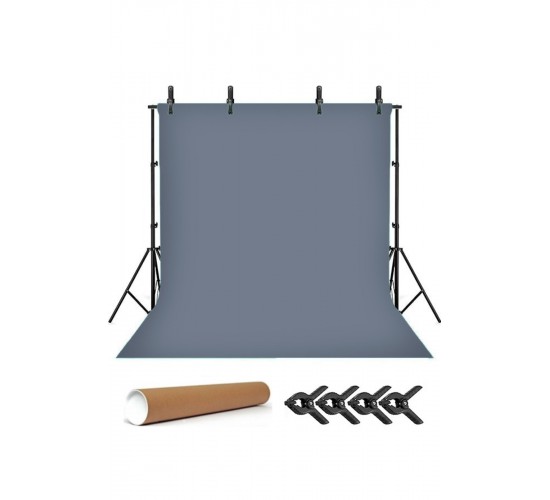Grey Screen Gri Fon Perde (2x3m) Foto,vesikalık Resim Ve Ürün Çekimi + Fon Standı+ 4 Fon Mandalı