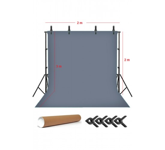 Grey Screen Gri Fon Perde (2x3m) Foto,vesikalık Resim Ve Ürün Çekimi + Fon Standı+ 4 Fon Mandalı
