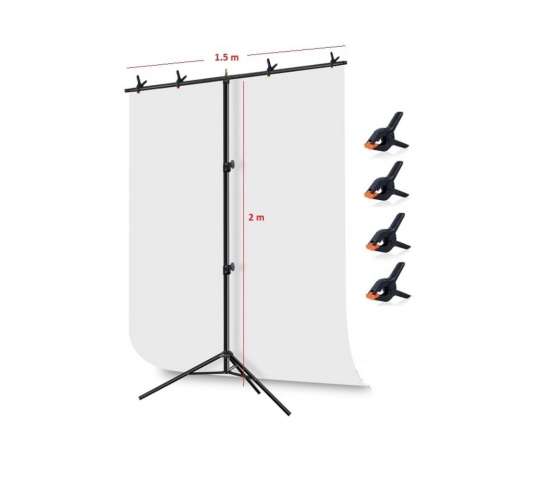 White Screen Beyaz Fon Perde (1.5x2m)+tek Ayaklı Fon Standı+ 4 Fon Mandalı, 1.5x2byts