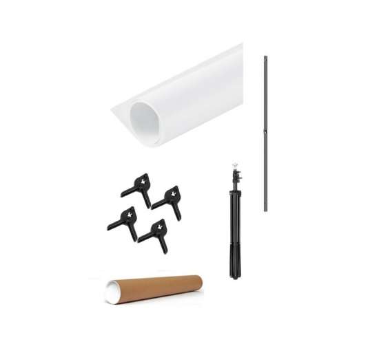 White Screen Beyaz Fon Perde (1.5x2m)+tek Ayaklı Fon Standı+ 4 Fon Mandalı, 1.5x2byts