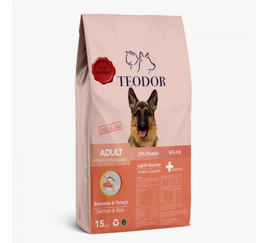 Teodor adult yetişkin köpek maması somonlu pirinçli yüksek enerjili 15 kg, 8681692800752