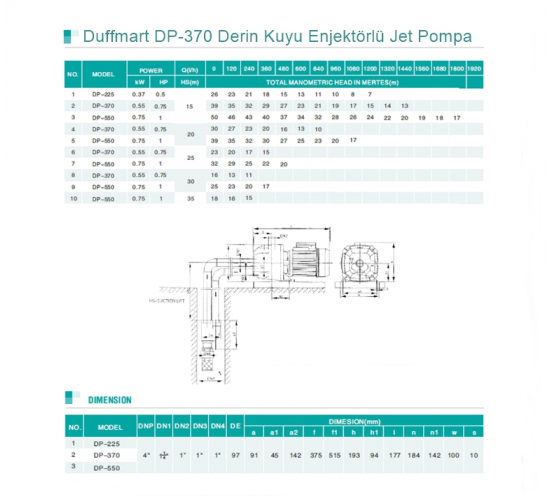 Duffmart DP 370 Derin Kuyu Enjektörlü Jet Pompa, 8681966116305