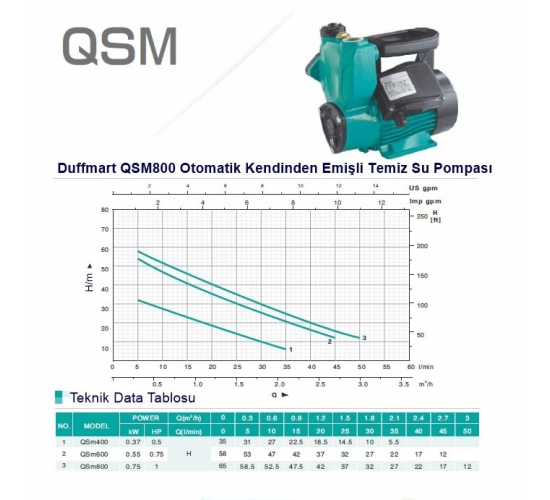 Duffmart QSM800 Kendinden Emişli Sıcak Soğuk Su Pompası, 8681966116725