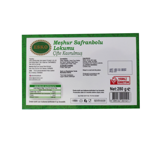 Esko Safranbolu Antep fıstıklı Çifte Kavrulmuş Lokum 280 gr, 8694132001121