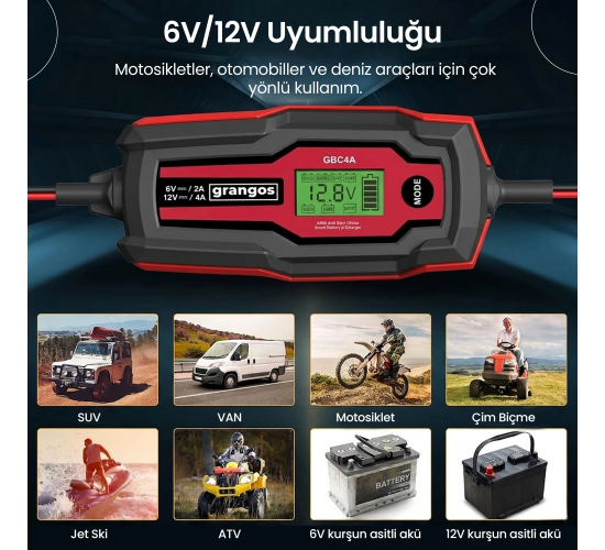 Grangos GBC4A 6V / 12V 70 AH Akıllı Dijital Akü Şarj ve Bakım Cihazı