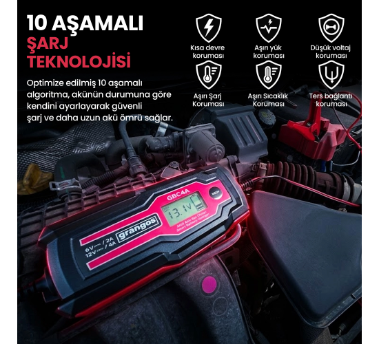 Grangos GBC4A 6V / 12V 70 AH Akıllı Dijital Akü Şarj ve Bakım Cihazı