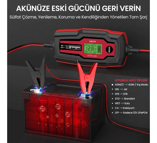 Grangos GBC4A 6V / 12V 70 AH Akıllı Dijital Akü Şarj ve Bakım Cihazı