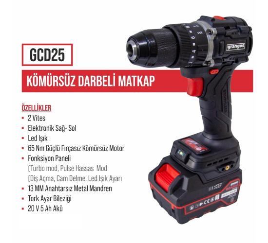 Grangos GCKIT204-F4 20V Kömürsüz Akülü Set – Darbeli Matkap, Somun Sıkma, Avuç Taşlama, Kırıcı Delici – 4×5.0Ah Akü, Hızlı Şarj, Çanta, Aksesuar Hediyeli