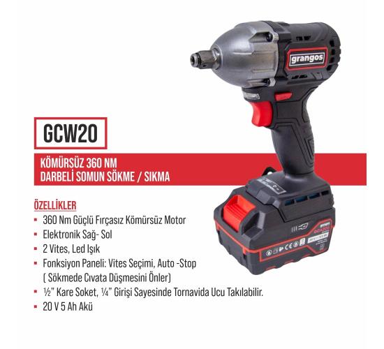 Grangos GCKIT204-F4 20V Kömürsüz Akülü Set – Darbeli Matkap, Somun Sıkma, Avuç Taşlama, Kırıcı Delici – 4×5.0Ah Akü, Hızlı Şarj, Çanta, Aksesuar Hediyeli