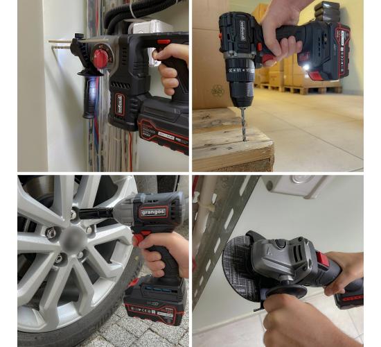 Grangos GCKIT204-F4 20V Kömürsüz Akülü Set – Darbeli Matkap, Somun Sıkma, Avuç Taşlama, Kırıcı Delici – 4×5.0Ah Akü, Hızlı Şarj, Çanta, Aksesuar Hediyeli