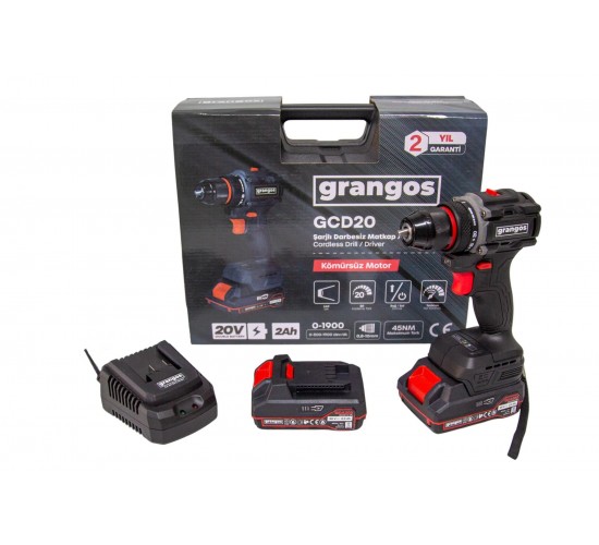 Grangos GCD20-T2 20V 2 Ah Çift Akülü Darbesiz Matkap, 8683347921003