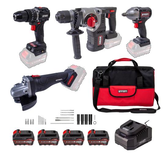 Grangos GCKIT204-F4 20V Kömürsüz Akülü Set – Darbeli Matkap, Somun Sıkma, Avuç Taşlama, Kırıcı Delici – 4×5.0Ah Akü, Hızlı Şarj, Çanta, Aksesuar Hediyeli