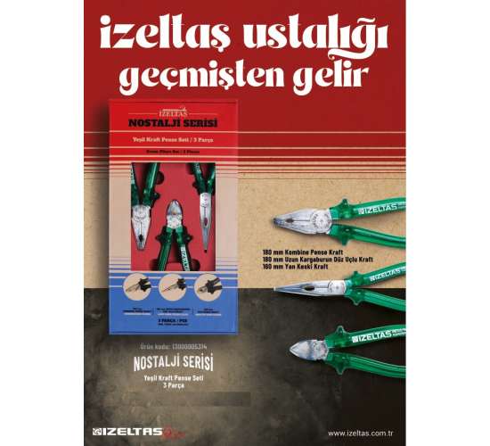 İzeltaş 13000005314 Nostalji Serisi Kraft Pense Seti 3 Parça, 8691150242420